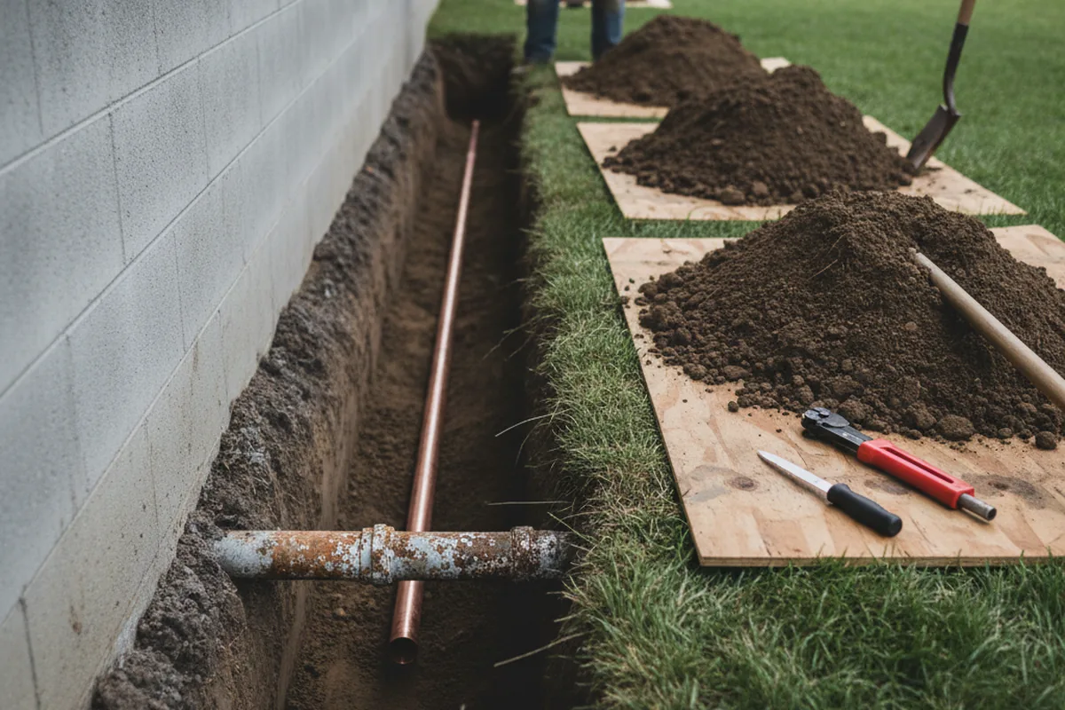 Excavated water line trench during Sewer Line Repair in Wrentham